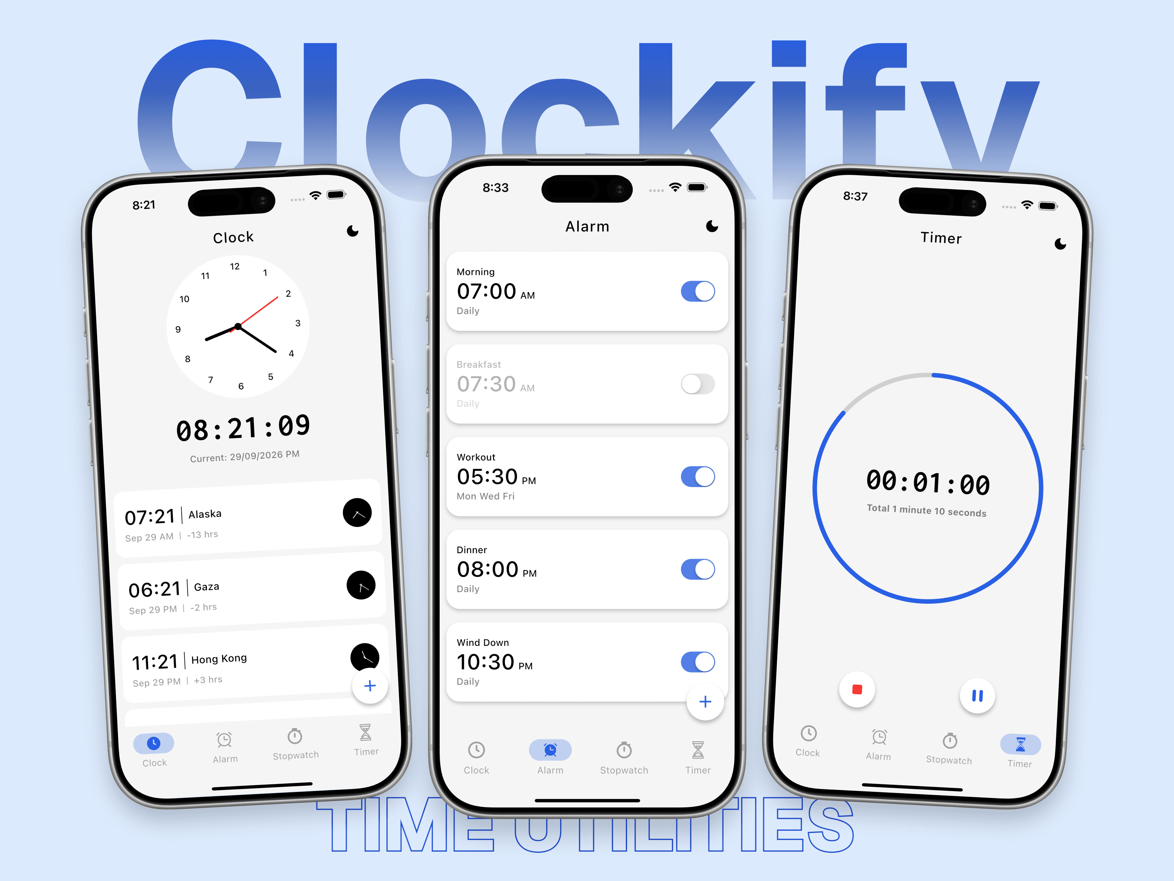 Clockify time-tracking app screens for timers, recent activity, and daily overview