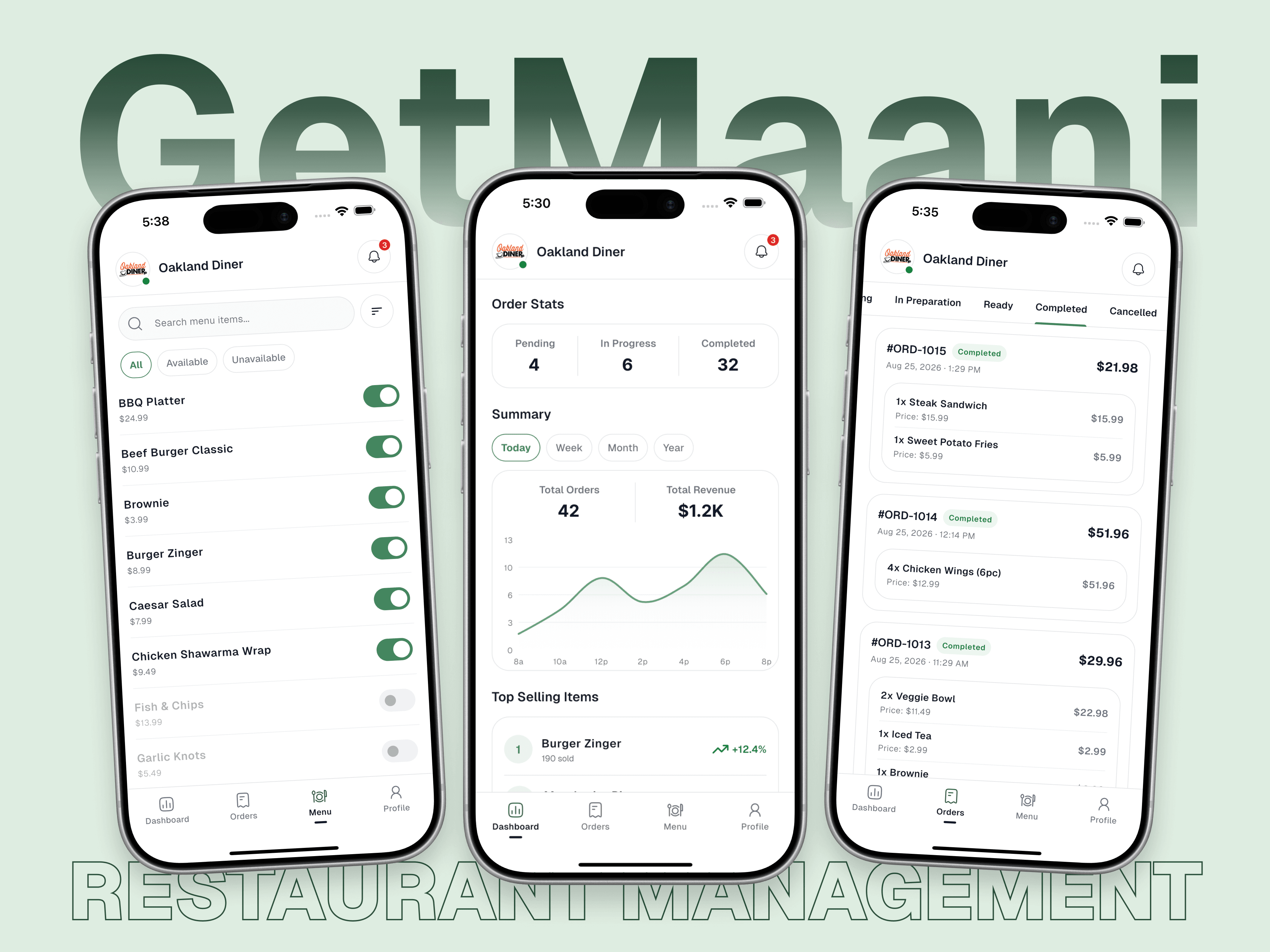 GetMaani restaurant management app screens for menus, dashboard, and orders