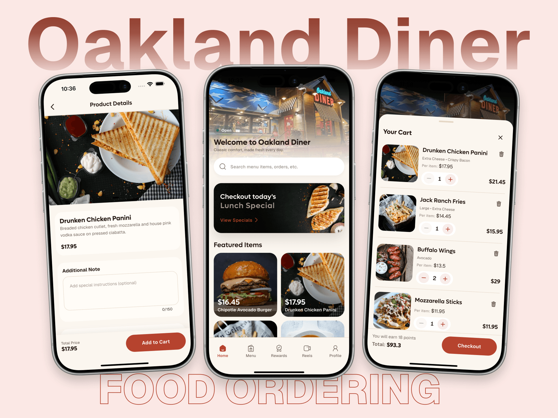 Oakland Diner restaurant ordering app screens for menu, locations, and cart