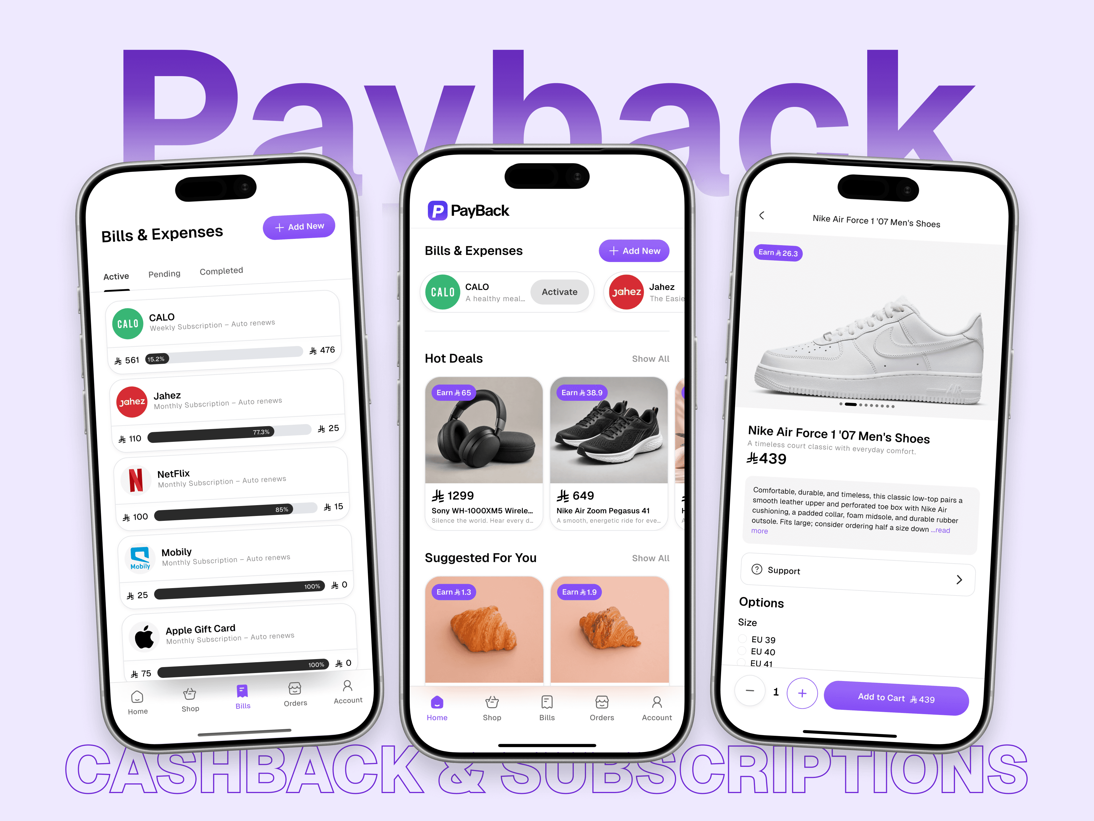 Payback mobile app screens for cashback shopping and subscription management
