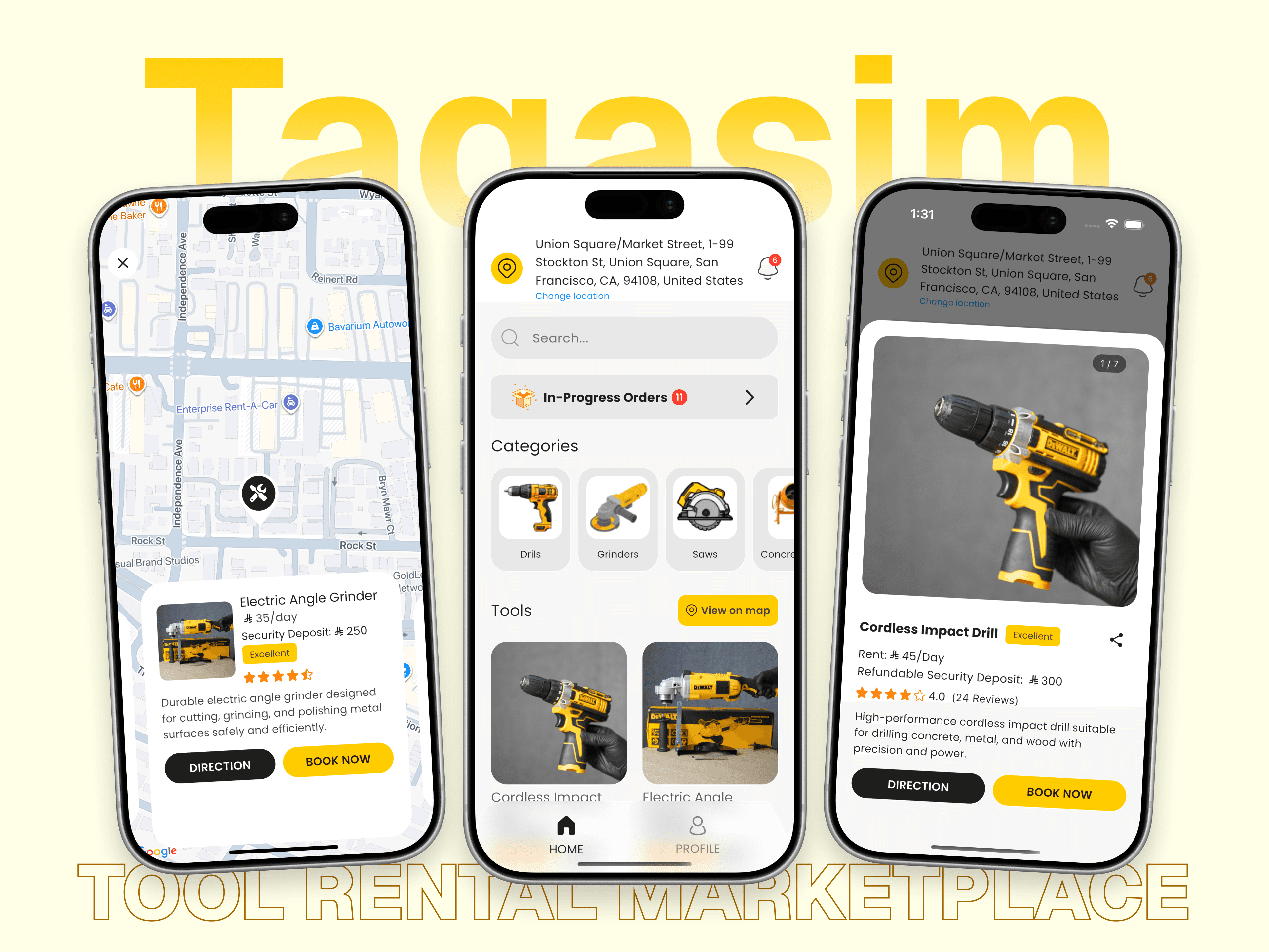 Taqasim mobile app screens for browsing and booking peer-to-peer item rentals